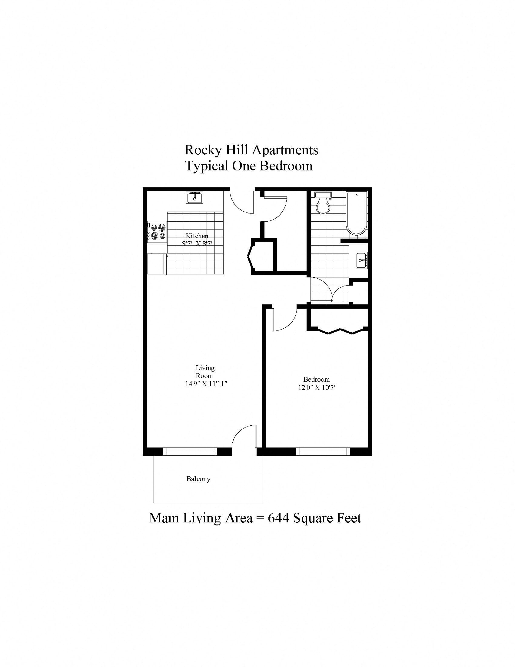 Floor plan for 1 bed, 1 bath, 644 sqft